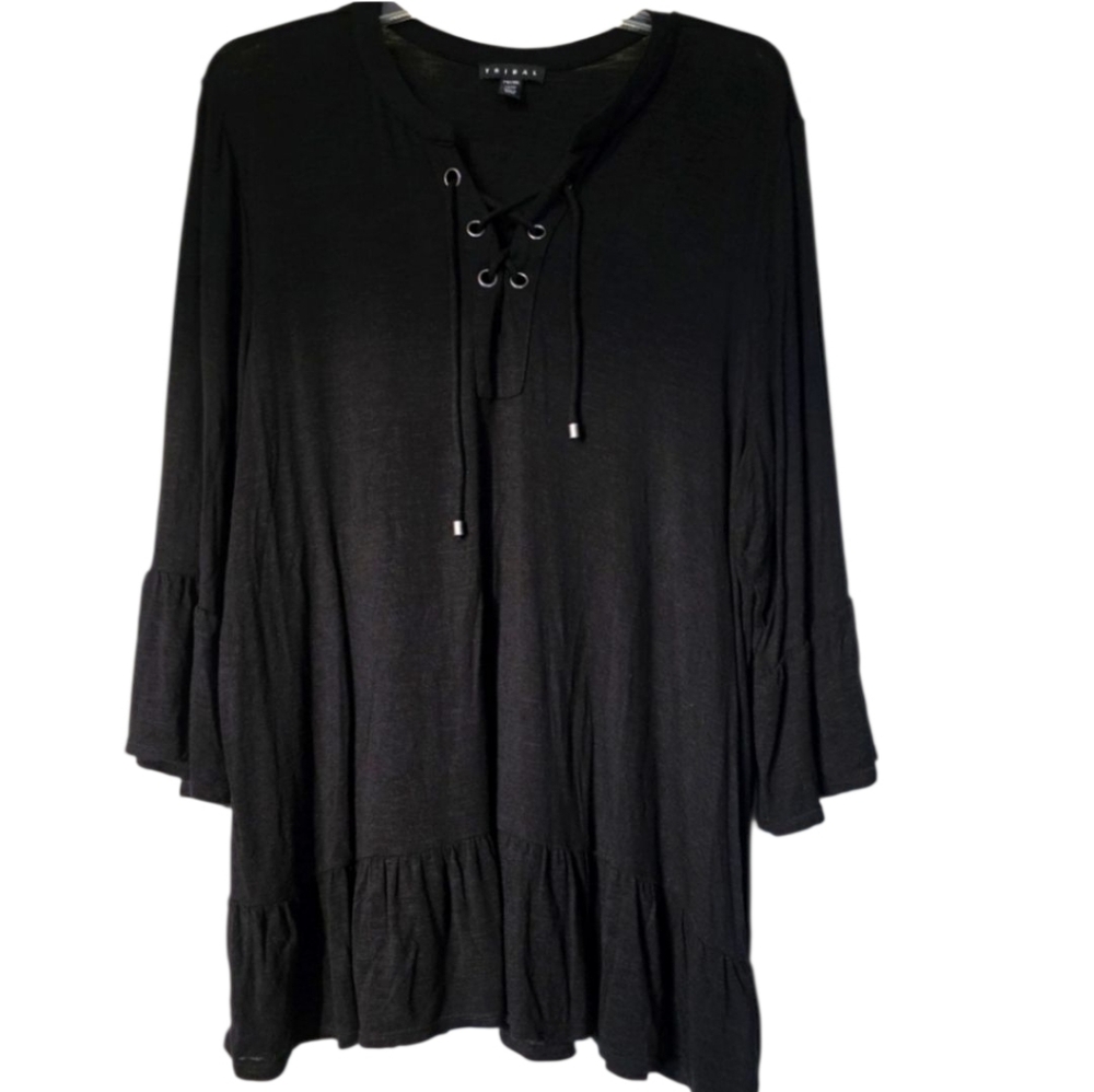 Tribal Boho Black Lace-Up Women's Top XXL EUC
